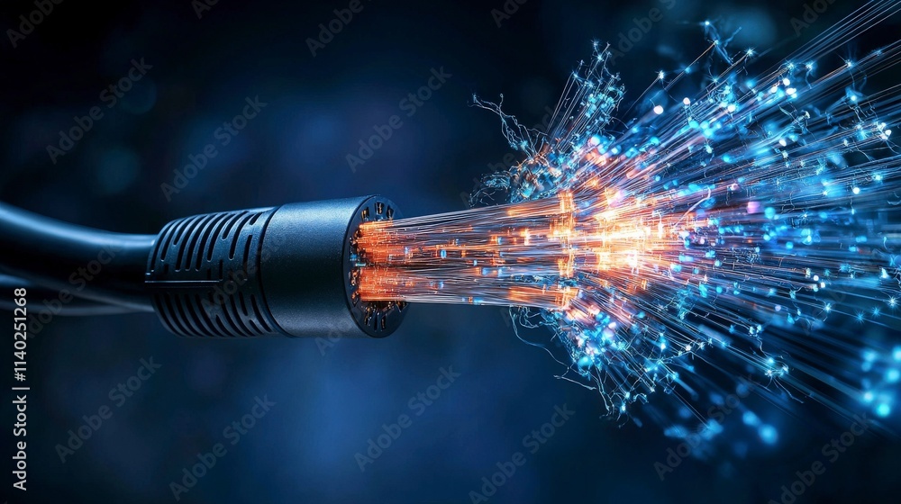 Poster dynamic data transfer through glowing fiber optic cables in a high-tech environment visualized with 