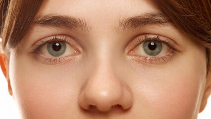 Close-up image of female face, big eyes, nose. Beautiful young woman with nude makeup and perfect skin. Concept of natural beauty, skin care, cosmetics and cosmetology