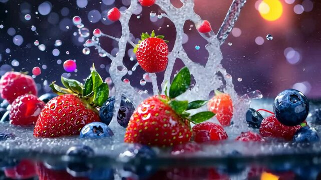 Dynamic splash of fresh berries in vibrant motion captured with highspeed