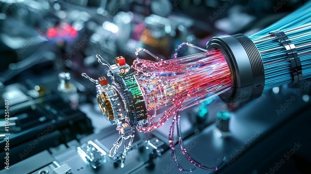 Poster high-definition visuals in advanced tech integrating fiber optic cables from a futuristic industrial
