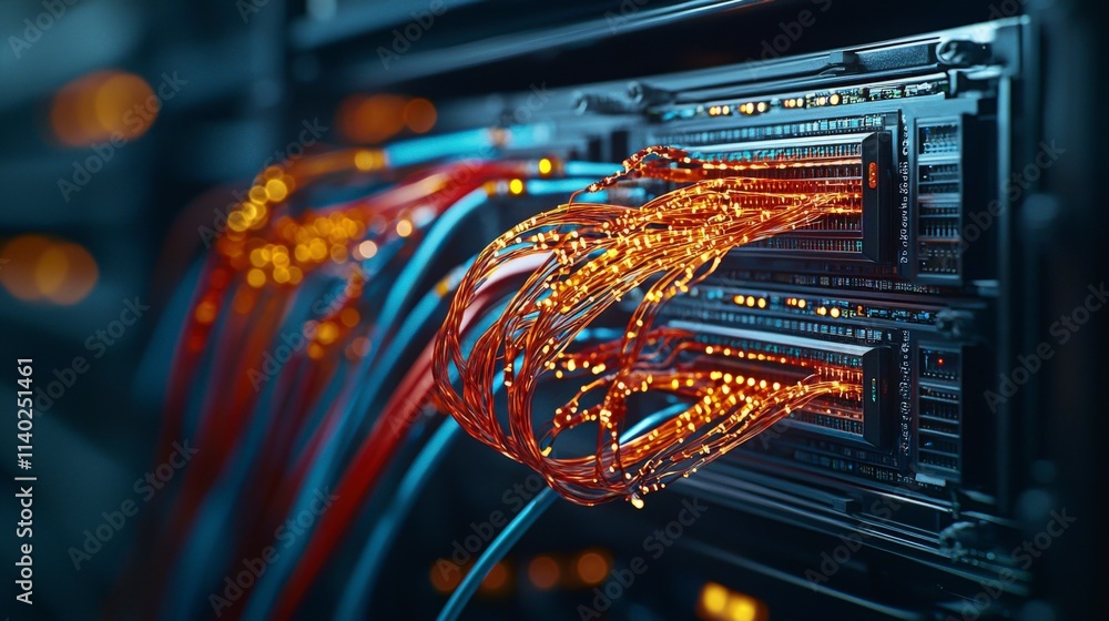 Poster dynamic fiber optic cable integration in high-tech data center environment captured in stunning deta