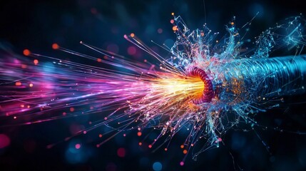 Obraz premium Dynamic fiber optic cable interaction abstract macro photography technology dark environment close-up light spectrum