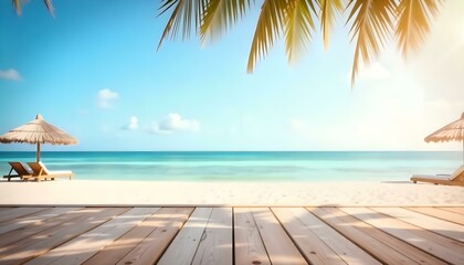Fototapeta premium Wooden dock on a tropical beach with palm trees and a calm, turquoise ocean in the background