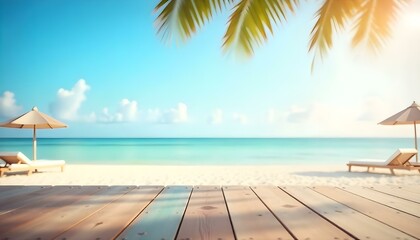 Obraz premium Wooden dock on a tropical beach with palm trees and a calm, turquoise ocean in the background