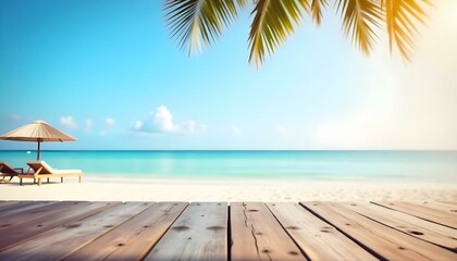 Obraz premium Wooden dock on a tropical beach with palm trees and a calm, turquoise ocean in the background