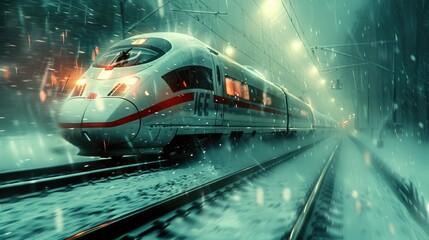 Naklejka premium A high-speed train travels through a snowy landscape at night, illuminated by soft lights.