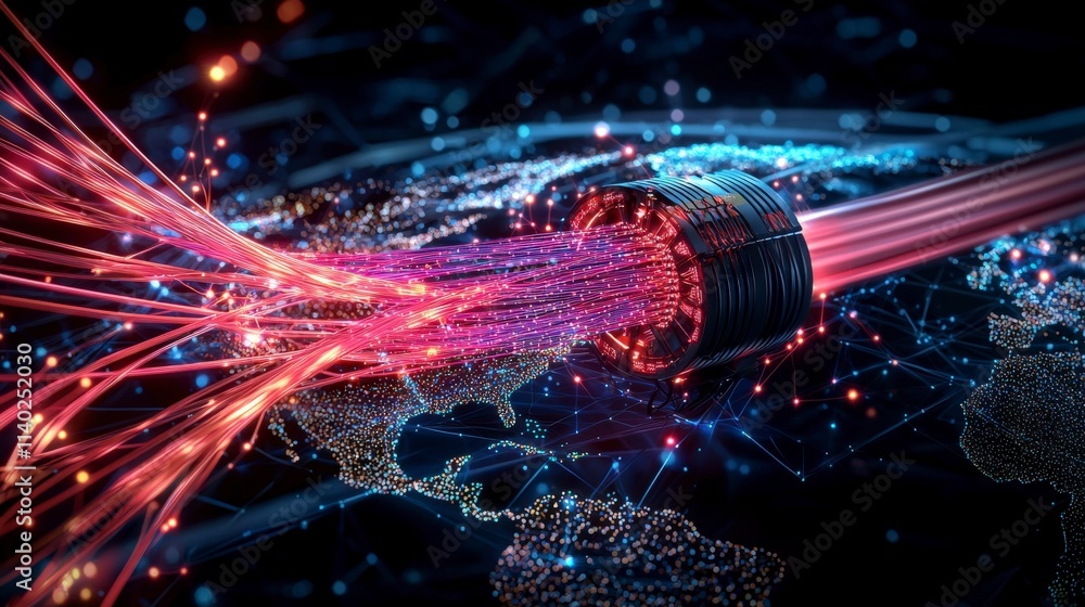 Poster global telecommunications network expansion digital landscape data visualization nighttime futuristi