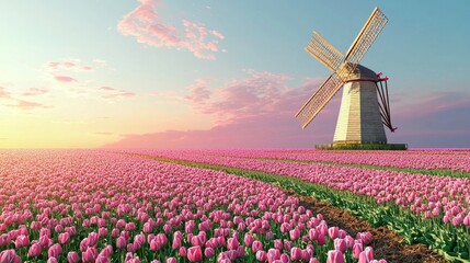 Traditional Windmill in Blooming Tulip Field