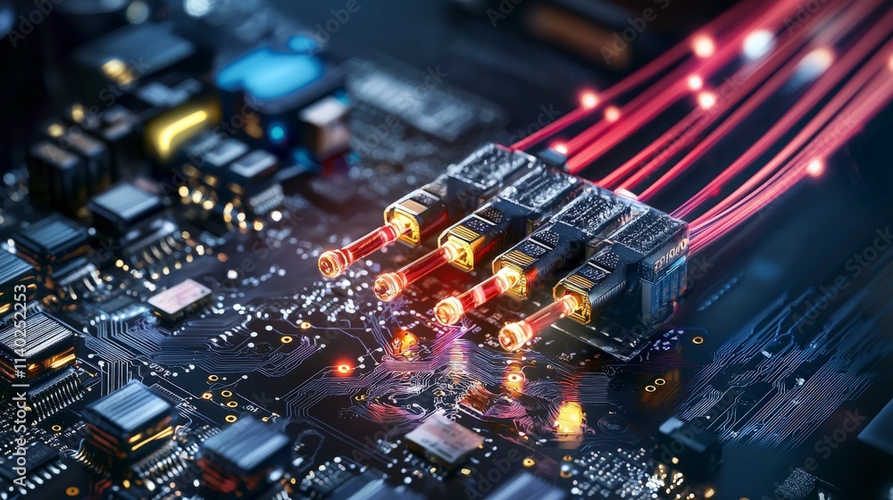 Poster High-definition visuals of circuit board communication signals in a futuristic technology lab - close-up perspective