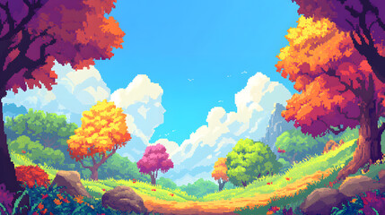 Pixel Art Autumnal Landscape Vibrant Path Through Colorful Forest