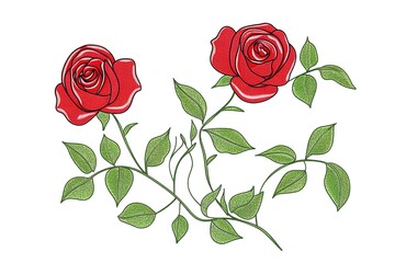 Naklejka premium Detailed Embroidery Design of Two Red Roses and Leaves
