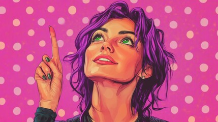 Obraz premium Purple Haired Woman Pointing Upwards A Stunning Pop Art Style Illustration