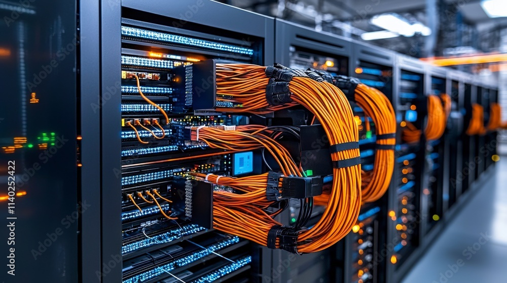 Aufkleber fiber optic cable integration in data centers technology hub photography industrial environment wide