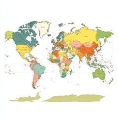 A classic world map with colorful countries and clearly marked borders on a white background 