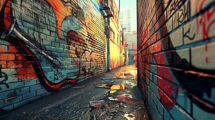 Artistic depiction of music graffiti adorning an urban alleyway, showcasing the vibrant and...