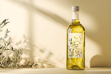 Clear bottle of olive oil with label space