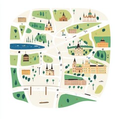 A minimalist city map with simple lines and marked landmarks on a white background 