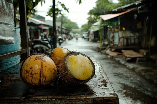 Two fresh coconuts from a local roadside vendor Es Kelapa Muda is a popular Indonesian street drink