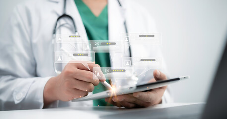 Medical professional interacts with a virtual interface displaying patient ratings and feedback, symbolizing digital healthcare reviews and quality monitoring for improved medical services