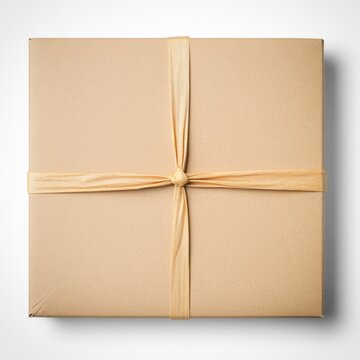 Brown Cardboard Box with Ribbon on White Background