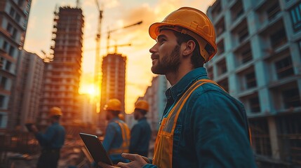 A group of civil engineers on a construction site, stand beside, discussing plans in front of a rising building structure. One of them is pointing to a high-rise under construction, while another 