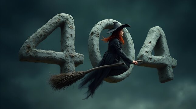 Mysterious witch flying above number 404 against a dark stormy sky creating an eerie atmosphere in a fantastical landscape - Powered by Adobe