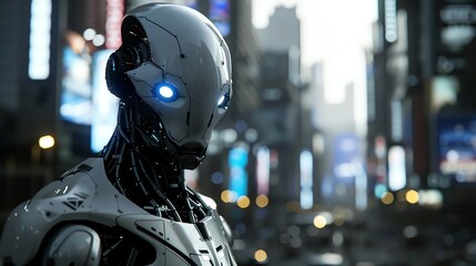 A close-up of a humanoid robot standing in a futuristic city.