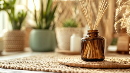Aromatic diffuser with reed sticks creating cozy home atmosphere