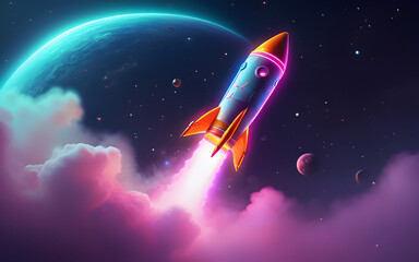 A stylized rocket, glowing with vibrant neon accents, ascending through a misty cosmic space