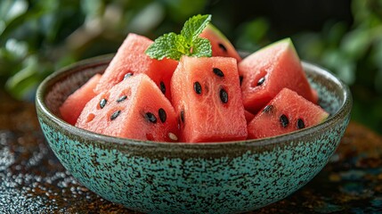 A close-up of a bowl filled with fresh watermelon pieces, displaying vibrant red flesh and black seeds, garnished with a mint leaf.