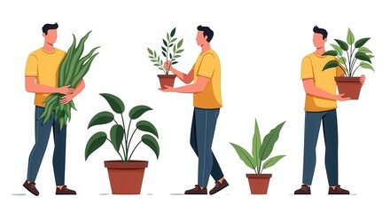 Indoor Plant Care Illustration with Man Holding Potted Plants and Green Foliage in Modern Style