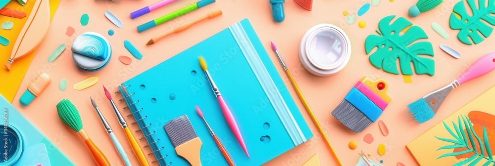 Poster creative workspace with colorful brushes paints and sketchbooks for artistic expression and educatio