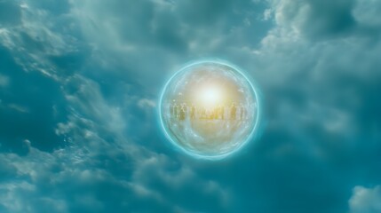 Ethereal sphere of light with silhouettes in a cloudy sky