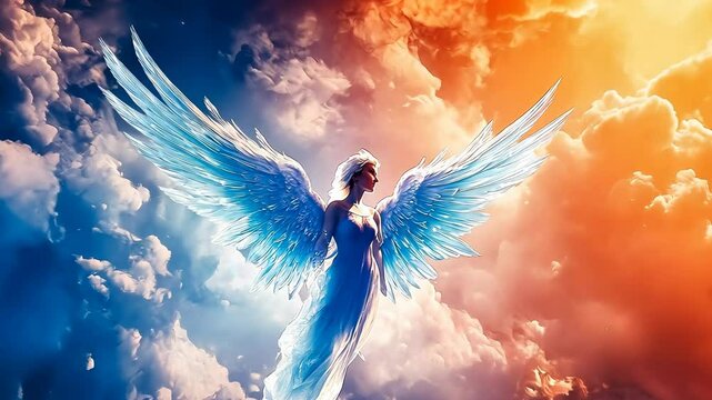 A surreal depiction of an angel soaring high, wings spread wide against a brilliant sunset backdrop. The scene exudes a sense of freedom and spiritual tranquility.