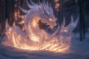 a lighted dragon statue in the snow in a forest at night time with lights on it's wings