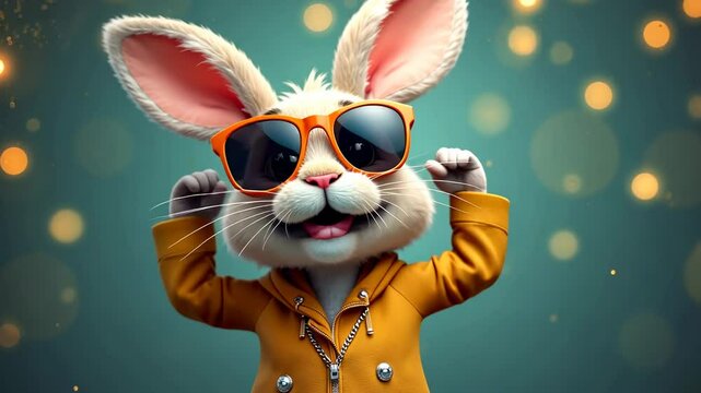 Happy cartoon rabbit wearing sunglasses enjoys a fun moment amidst a colorful background with bright bokeh lights