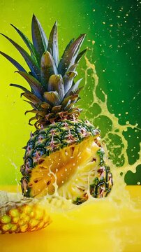 Vibrant pineapple splash explosion against bright green background