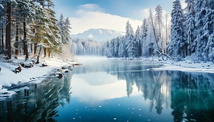 Frozen winter lake with snow-covered trees reflected in icy watercolor textures with copy space