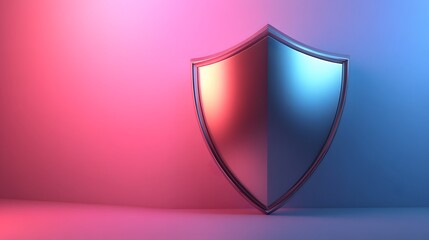 Security&nbsp;concept&nbsp;rendered as&nbsp;3D shield icon&nbsp;with&nbsp;metallic finish&nbsp;against&nbsp;pastel blue-pink&nbsp;gradient, featuring&nbsp;minimalist design&nbsp;elements&nbsp;and soft&nbsp;neon illumination effects.