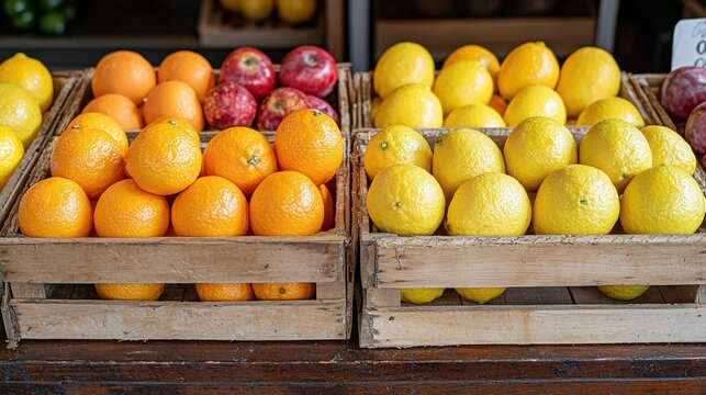 This image shows a vibrant market display with oranges, lemons, and red apples in wooden crates, showcasing fresh produce.