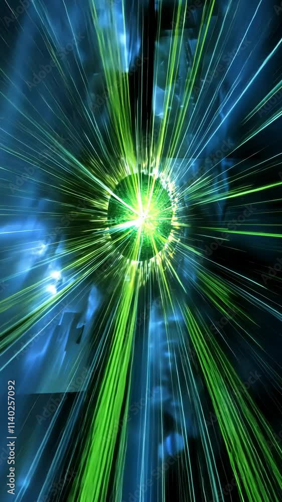 Wall mural energetic burst of green light radiating through a blue background in an abstract setting