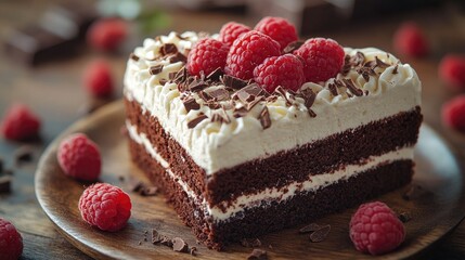 Indulge in a decadent heart-shaped chocolate cake adorned with fresh raspberries and cream. Perfect...