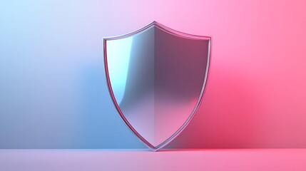 Security&nbsp;concept&nbsp;rendered as&nbsp;3D shield icon&nbsp;with&nbsp;metallic finish&nbsp;against&nbsp;pastel blue-pink&nbsp;gradient, featuring&nbsp;minimalist design&nbsp;elements&nbsp;and soft&nbsp;neon illumination effects.