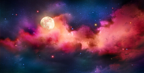 Full moon with stars at colorful night sky .