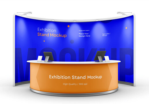 Exhibition Stand Mockup &ndash; Realistic Booth and Counter Display for Trade Show Branding, Business Presentation, or Product Promotion Setup