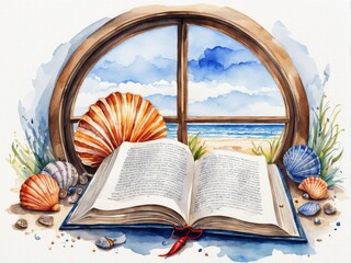 Watercolor illustration with a window overlooking the sea, with an open book and seashells. A postcard of a summer sea holiday.