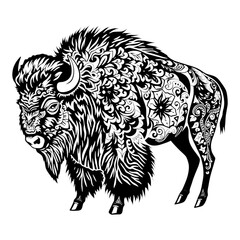 Fototapeta premium Ornate Bison: A majestic bison, adorned with intricate floral patterns, stands strong and proud. The detailed black and white illustration captures the animal's power and grace. 