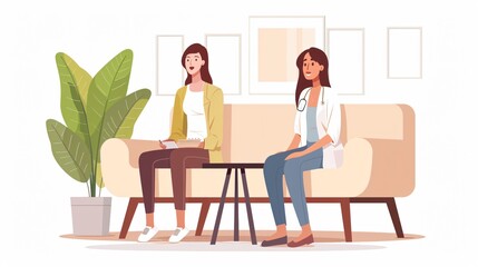 Fototapeta premium Professional Woman Patient Sitting in Clinic Lobby on Comfortable Couch Hall Interior
