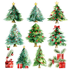 Fototapeta premium Watercolor Christmas Trees Collection Decorated Festive Pine Trees with Ornaments. Cute christmas winter elements