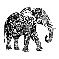 Fototapeta premium Ornate Elephant Illustration: A detailed and intricate line drawing of an elephant, adorned with elaborate patterns and motifs, showcasing the beauty of nature's majesty and symbolic strength. 